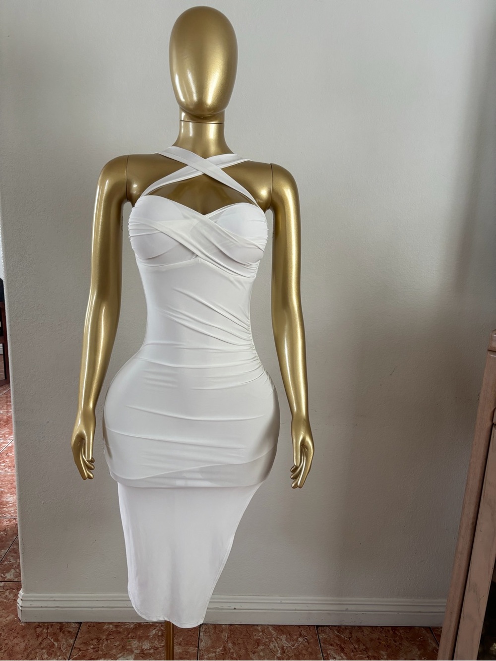 White Cross-Strap Bodycon Midi Dress